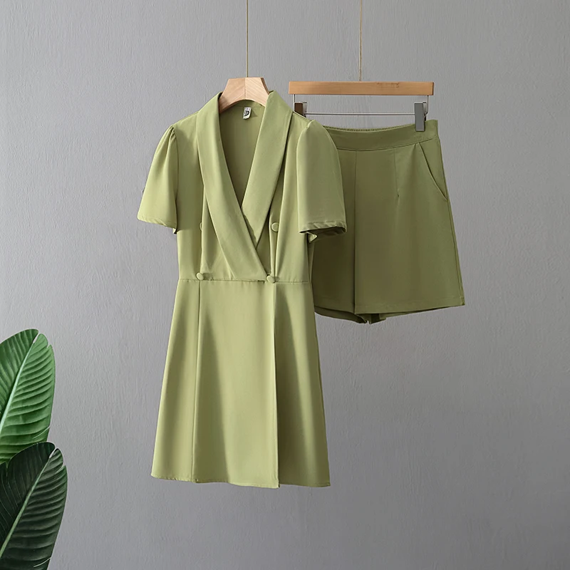 2PCS Casual Suits Women's Summer Short Sleeve Blazer Tops Wide Leg Shorts Two Piece Set Fashionable Temperament Niche Green Suit