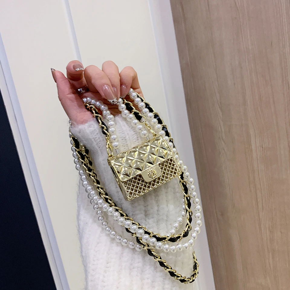 Mini Dinner Bags for Women Fashionable Metal Small Box Bag Designer Pearl Chain Shoulder Bag Clothing Accessories Crossbody Bag