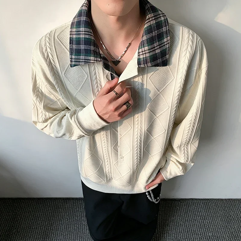 Mens Plaid Lapel Polo Sweatshirt Long Sleeve Diamond Cable Jacquard Knit Loose Fit Soft Casual Autumn Top
