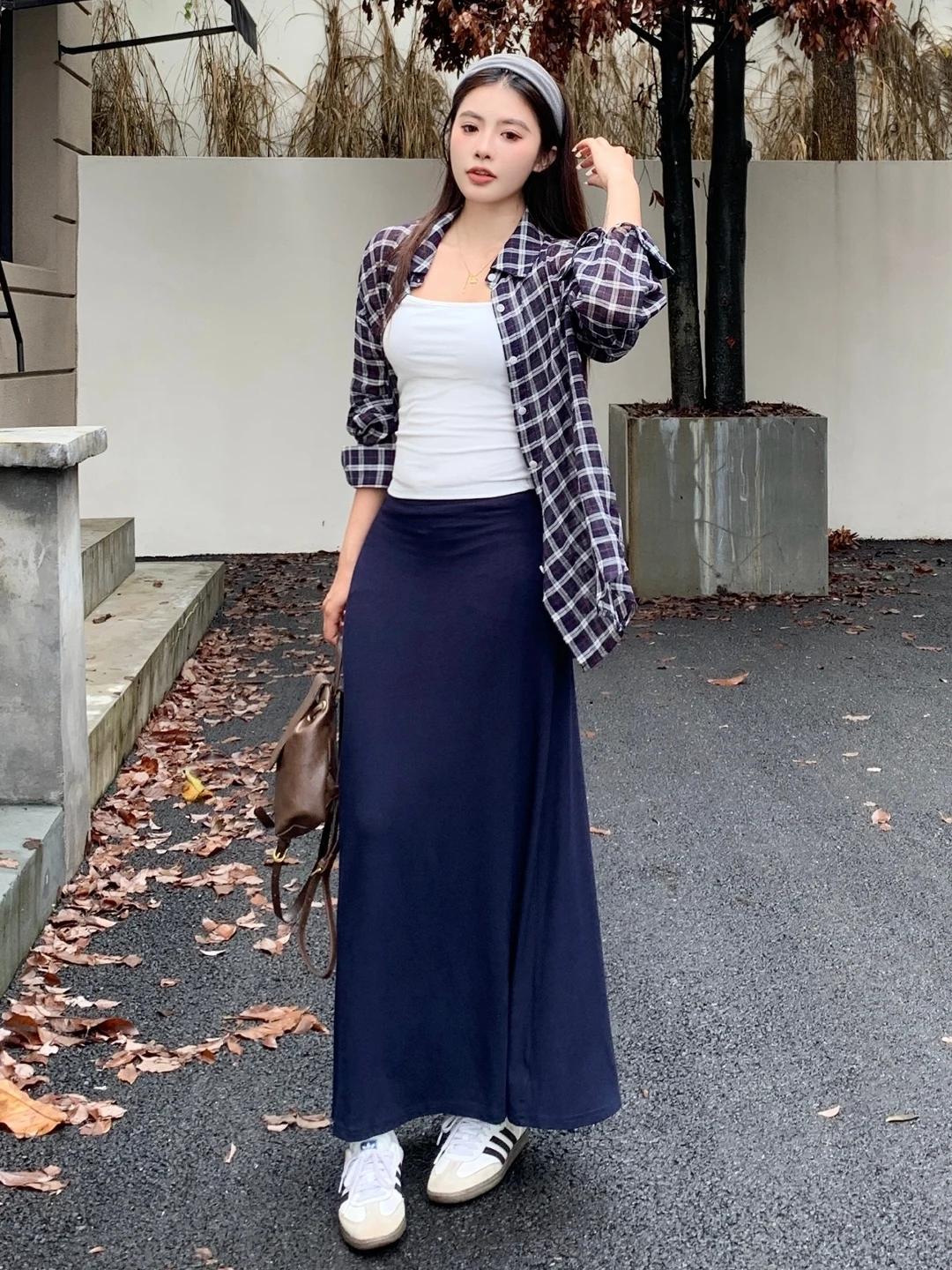 Spring Autumn Plaid Shirt Strap Vest Skirt Three Piece Set plus Size Women Comfortable Fashion High Waist Long Sleeve Button up