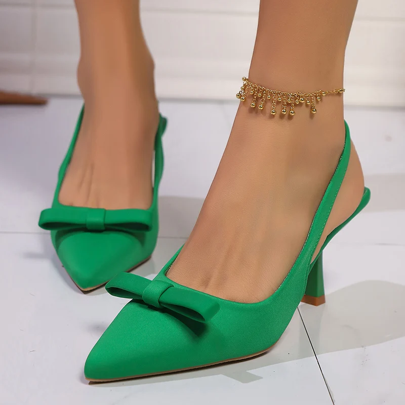 

Bowtie Decor Green High Heels Sandals Women 2026 Summer Pointed Toe Thin Heeled Sandals Woman Plus Size 43 Slingback Party Shoes