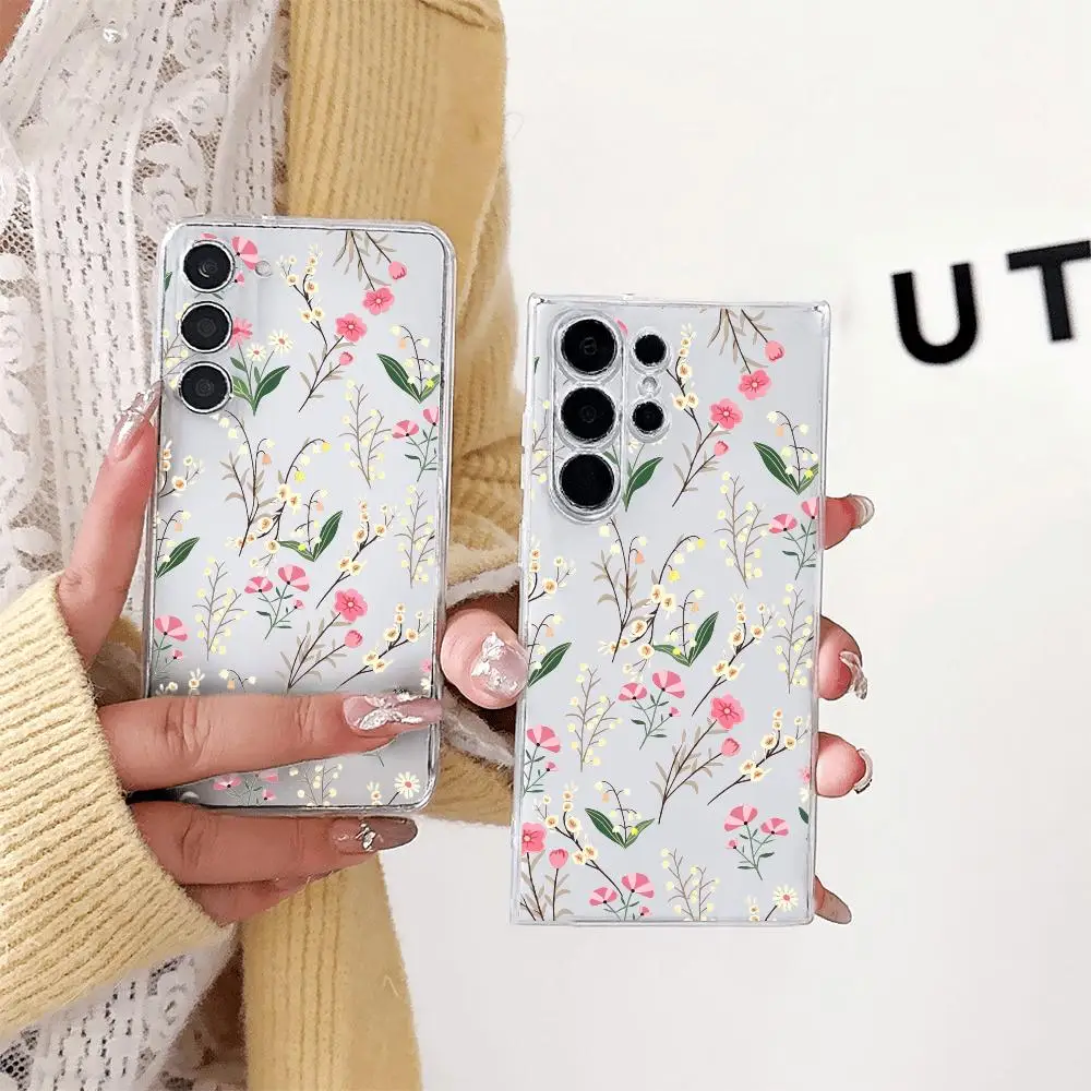 Transparent Phone Case for Samsung Galaxy S26 Ultra S25 S24 S23 FE S22 Plus 5G Soft TPU Drop-Proof cover Silicon Flower