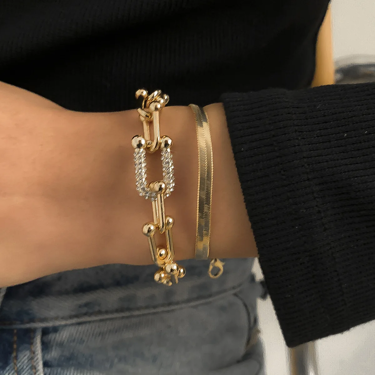 Brazalete Punk de Metal en forma de U para mujer, pulsera de lujo con eslabones de aro de circón, cadena de serpiente, joyería, regalos de fiesta