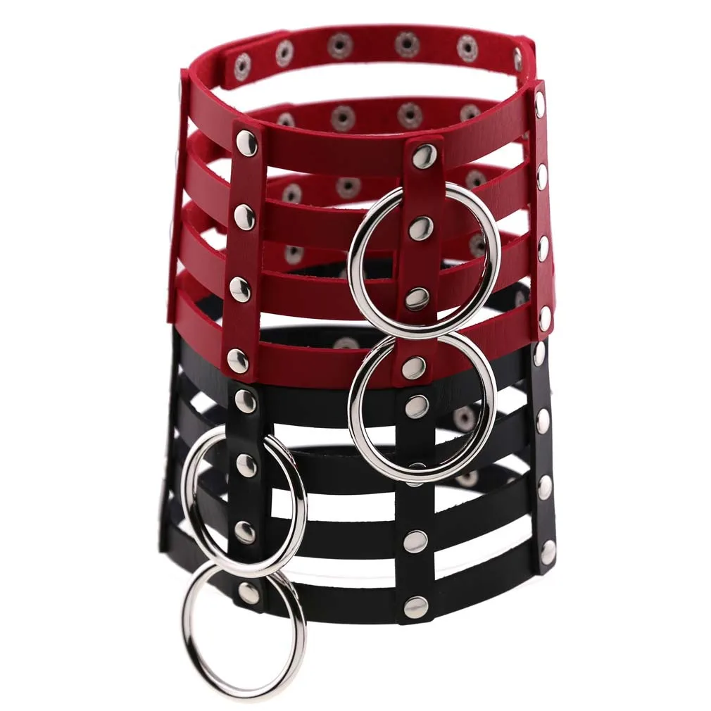 Punk Gothic Personality Rock and roll 4 rows of leather Two metal rings Rivets Multicolored Necklace Clavicle chain Nightclub