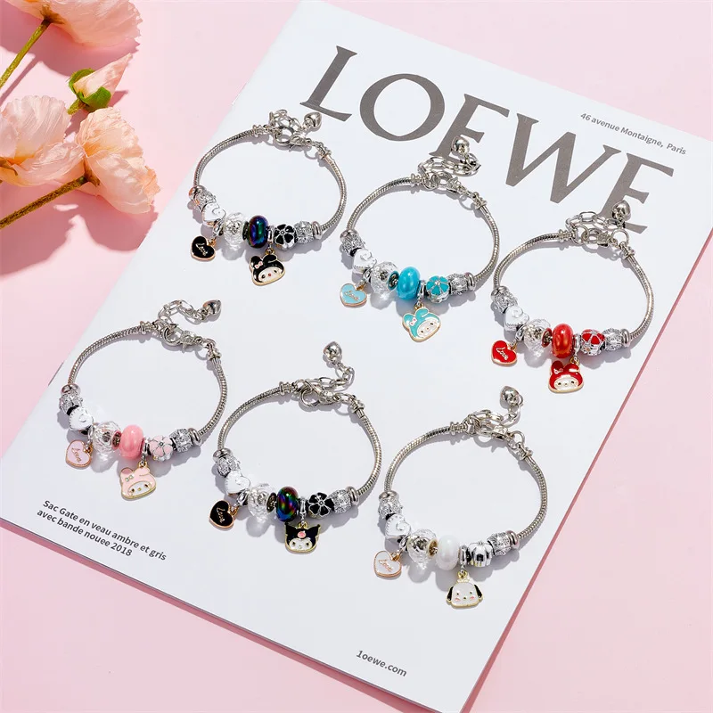 Cartoon Cute Melody Kuromi Charms Bracelets for Women Girls Lovely Sanrio Accessories Stainless Steel Snake Chain Jewelry Gifts