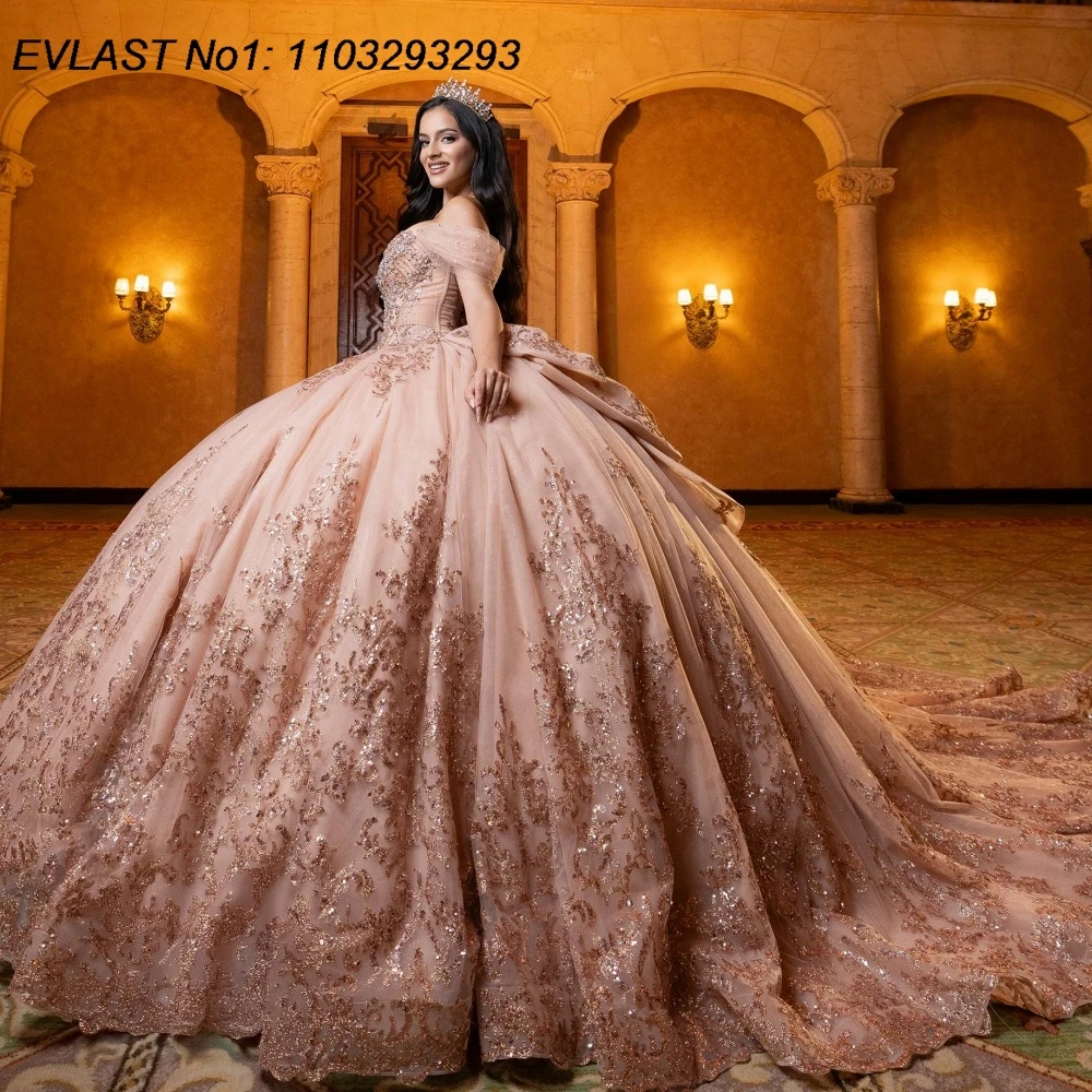 

Индивидуальное платье EVLAST для Quinceanera в стиле принцессы, нежно-розовое, бальное, с кружевными аппликациями, бисером и бантом, для Sweet 16, Vestidos De 15 Anos E1QN962