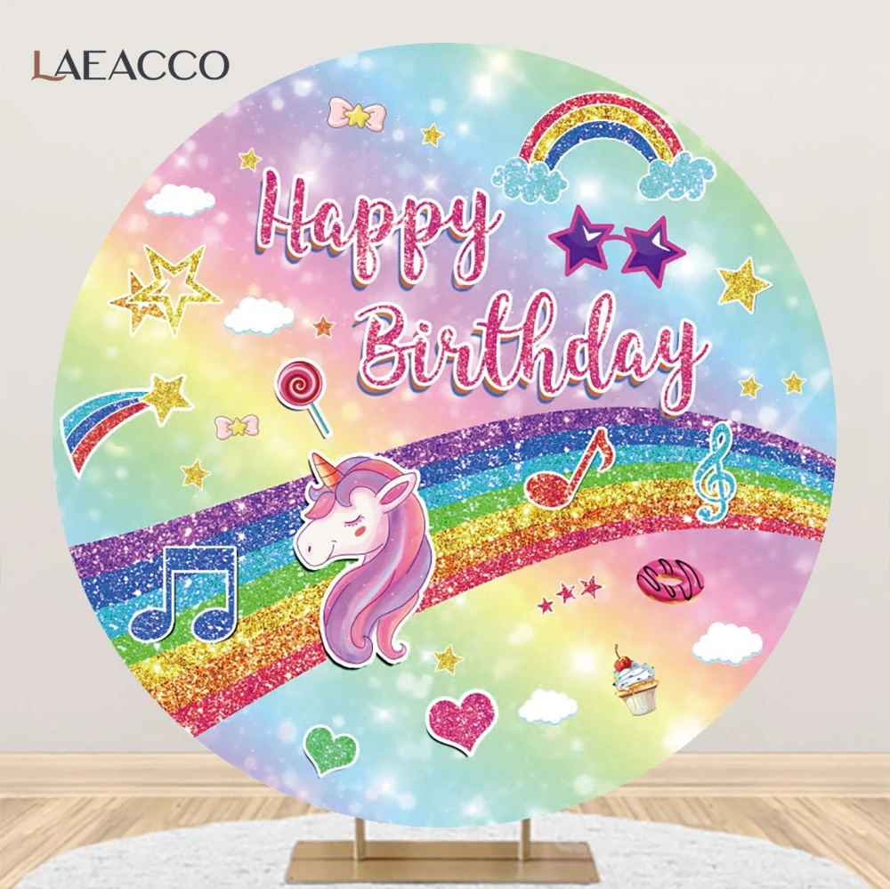 Laeacco Cartoon Unicorn Round Backdrops Rainbow Flowers Baby Shower Birthday Party Decor Photographic Prop Circle Backgrounds