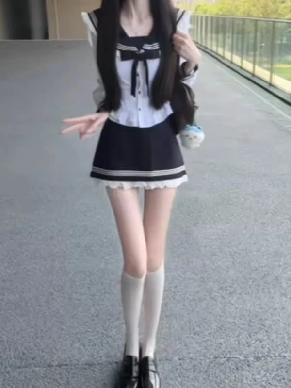 

Preppy Style Navy Collar Set Short Sleeve Comfortable Cotton High Waist Skirt Button Closure Two Piece Suit for Young Women