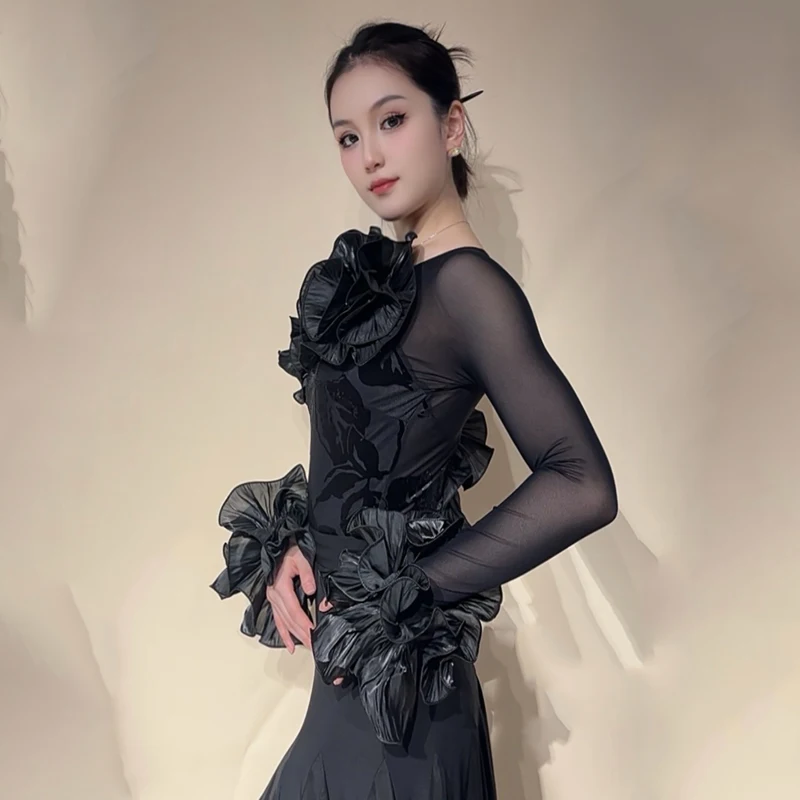 2025 New Modern Dance Tops For Women Long Sleeved Practice Clothes Samba Chacha Tango Adult Female Ballroom Dance Wear XH3297