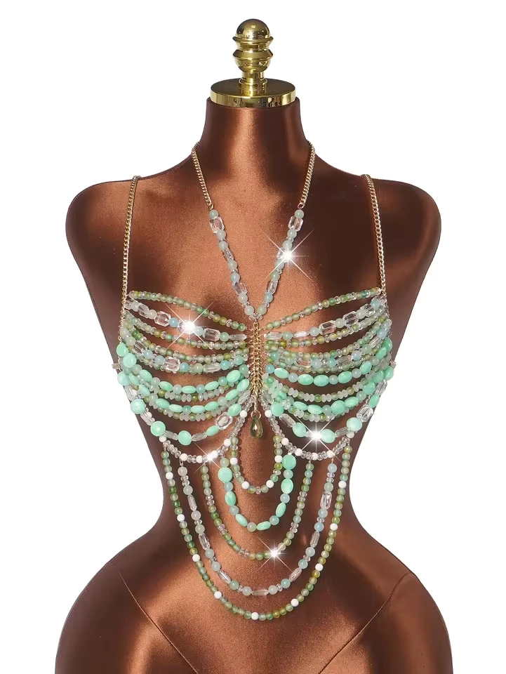 New European And American Women's Beaded Vest, Ins Style, Multi-Layer Bead Chain Halter, Beach Party Top