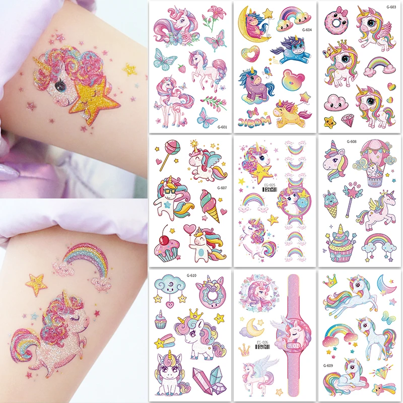 

12 Sheets Glitter Cute Tattoos, Glitter Styles Unicorn Temporary Waterpro of Tattoos Stickers For Birthday Party Supplies