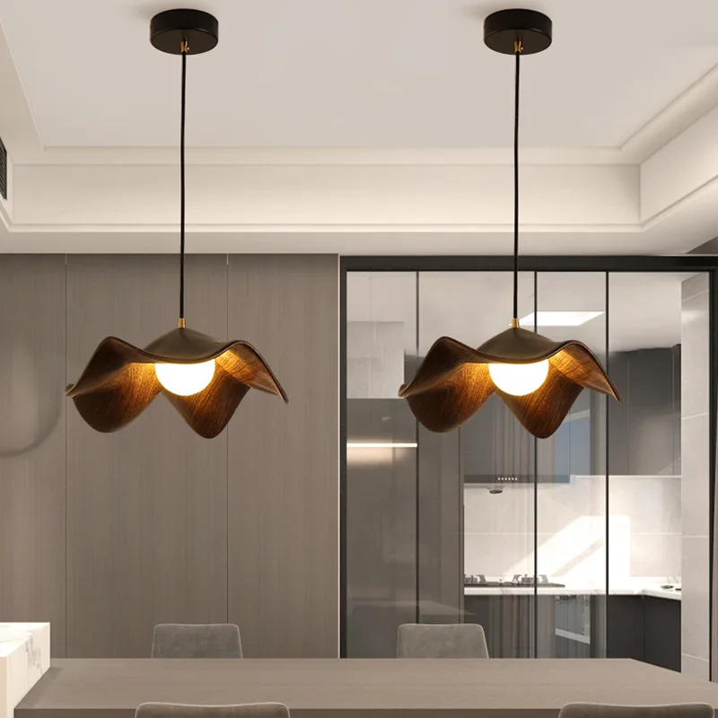 Retro Wood Grain Lotus Leaf Pendant Lamp Japanese Resin Flower lamp For Restaurant Bar Bedroom Kitchen island suspension lamp