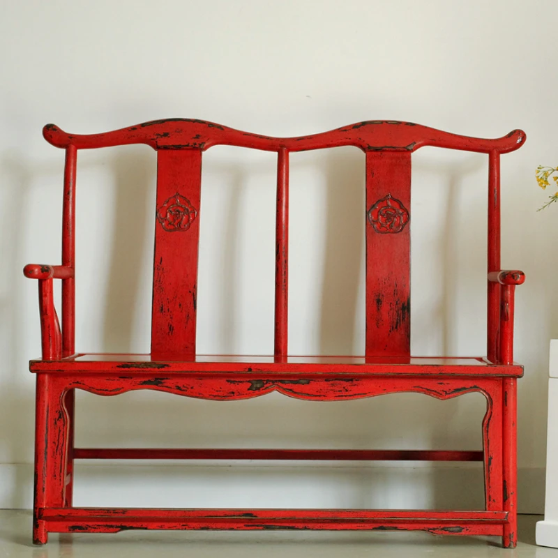 

New Chinese solid wood pastoral style antique old bench elm double row high back official hat