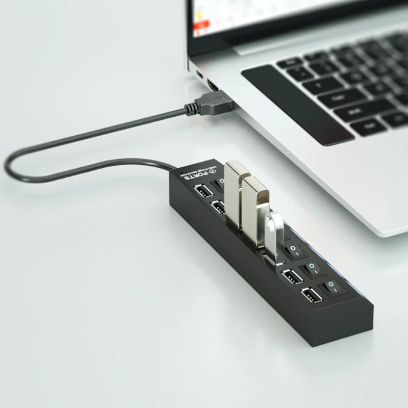1 hub USB à 7 ports – Extenseur d'adaptateur haute vitesse avec conception portable, séparateurs de commutateur USB pratiques pour ordinateurs et ordinateurs portables