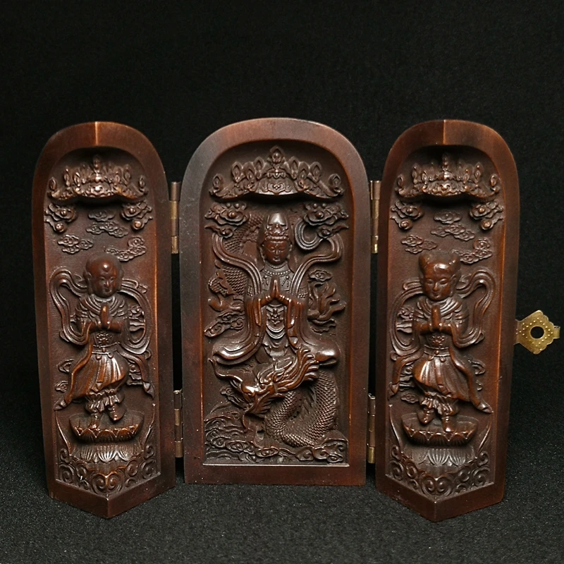 1919 Antique art Size 4 Inch Chinese Boxwood carved Boy Dragon Avalokitesvara Figure statue collection