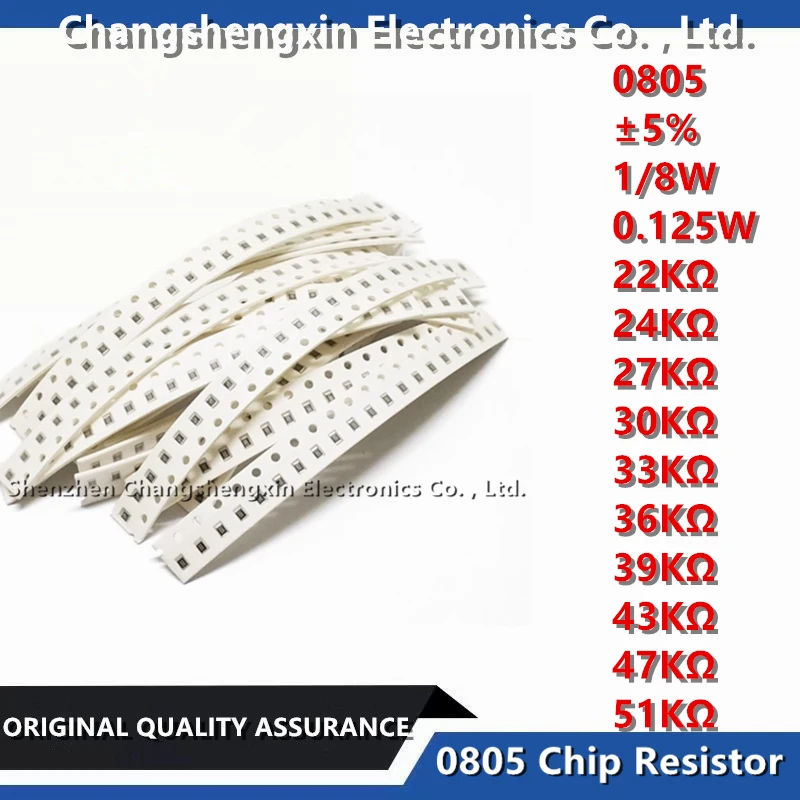 100 buah 0805 Chip SMT toleransi ± 5% 1/8W 0.125W tahan 22KΩ 24KΩ 27KΩ 30KΩ 33KΩ 36KΩ 39KΩ 43KΩ 47KΩ 51KΩ Ohm