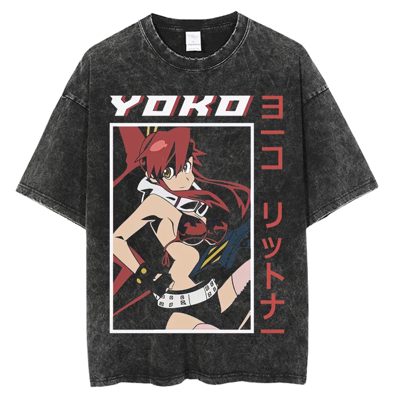 Japanese Anime Tengen Toppa Gurren Lagann T-shirt men Harajuku Washed Graphic Tee Shirt Oversized T-shirt Streetwear Tops Black