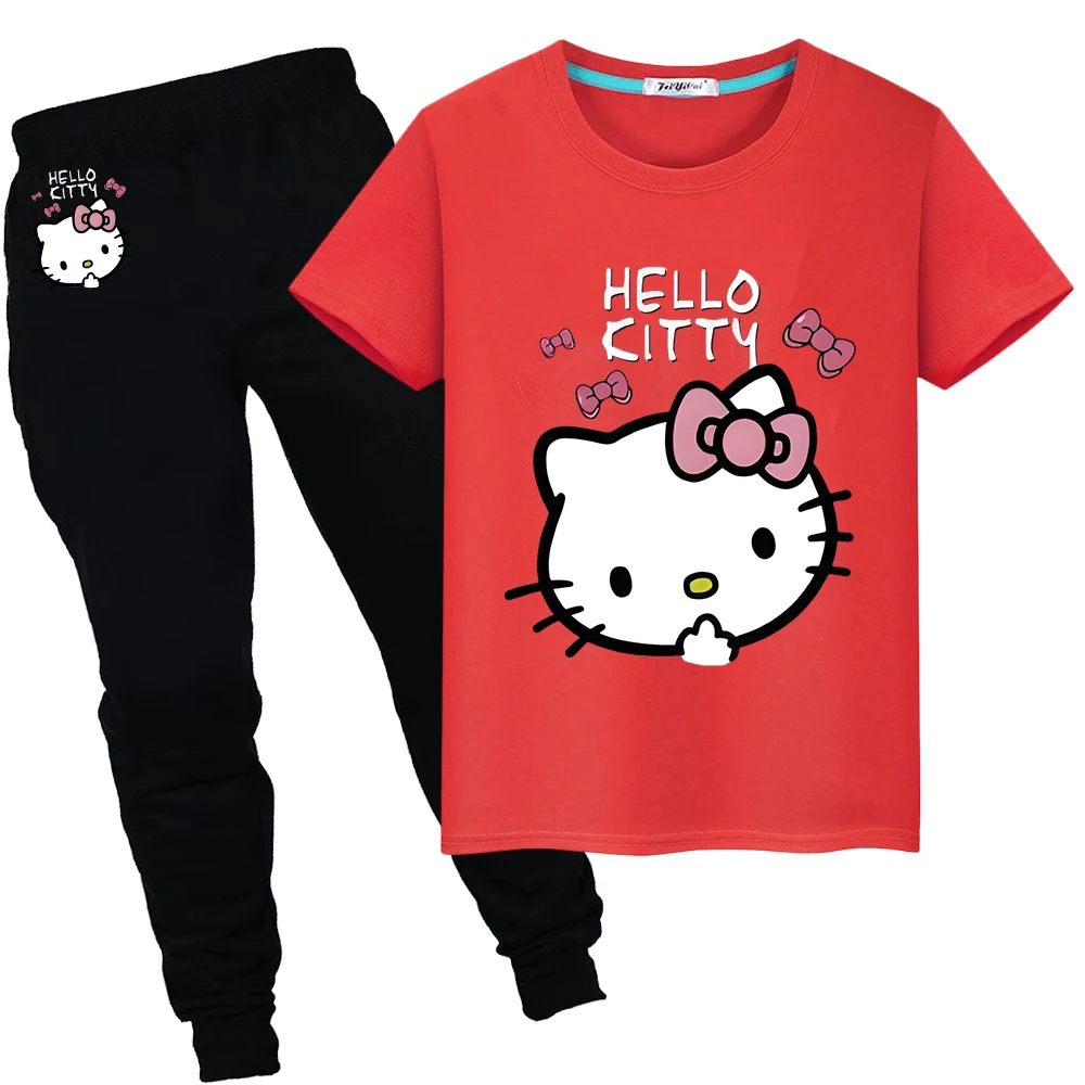 

hello kitty clothes Print 100%Cotton Cute T-shirt Summer boys girls Sports Sets Short+pant Kawaii anime Tshirts kid holiday gift