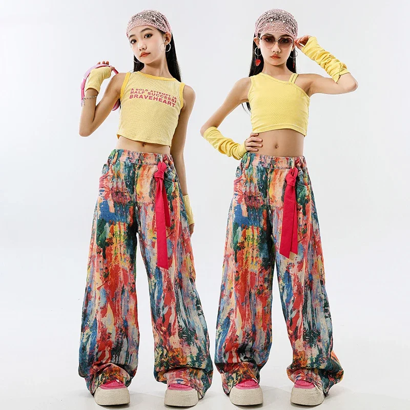 

Street Dancing Set Girls Jazz Dance Costume Hip Hop Outfit Children Performance Clothes Yellow Crop Tops Graffiti Pants XH2677