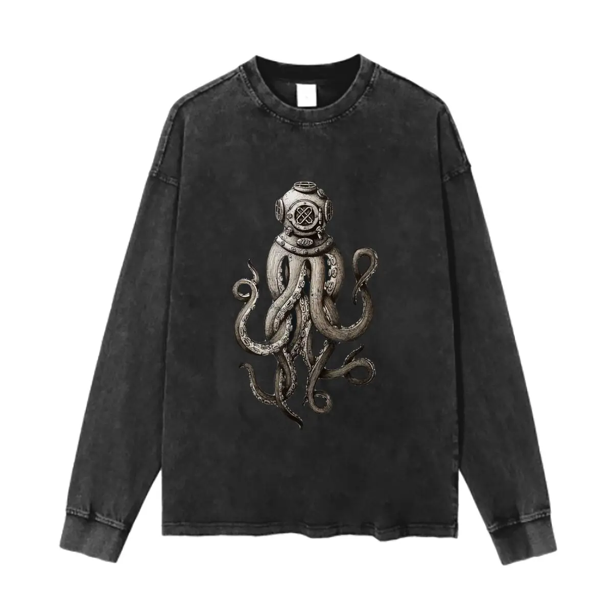 Diver Helmet Octopus Graphic Washed Vintage Long Sleeves Cotton Tee Shirt Solid O Collared For Men's And Women's