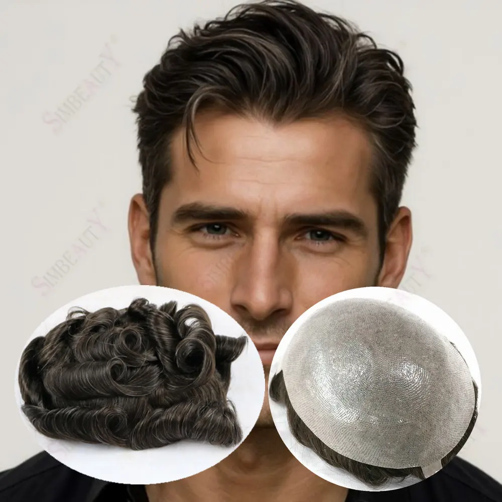 

0.06mm Full PU410Grey Brown Blonde Men's Toupee Human Hair Natural Hairline Poly Male Wig Replacement System Prothesis Hairstyle