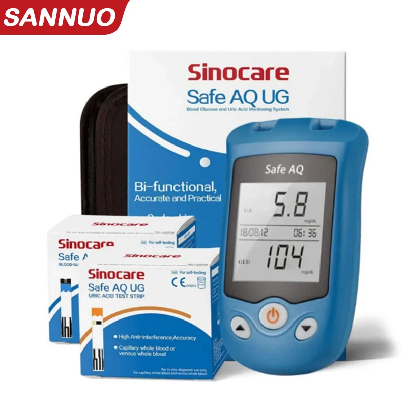 Sinocare Safe AQ UG Blood Glucose & Uric Acid Meter 2 in 1 Blood Sugar Monitor for Diabetes Test Strips Glucometer Kit