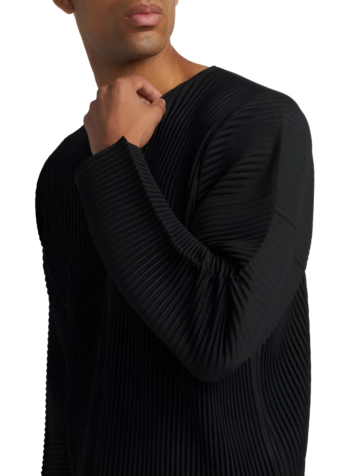 Miyake Herren-T-Shirt mit Falten, langärmelig, Henley-Ausschnitt, lässig, lockere Passform