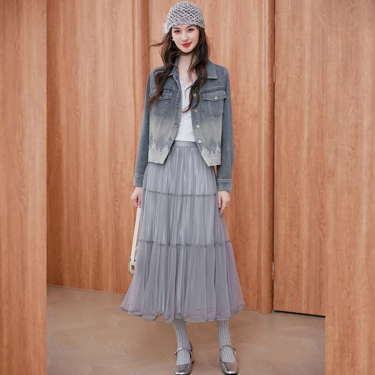 LOUIS YAO Women's Denim Jacket 2025 Autumn Coat Casual Straight-shoulder Sleeves Lace-trimmed Collar Women's Cardigan