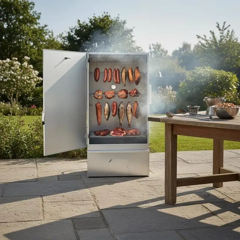 Mit Absetztisch aus verzinktem Stahl, Räucherschrank für Fleisch, Fisch, Käse, Wurst und Schinken, Vertikalräucherofen mit Arbeitsfläche für Garten, Terrasse, Outdoor-Küche, BBQ-Grillstation,
