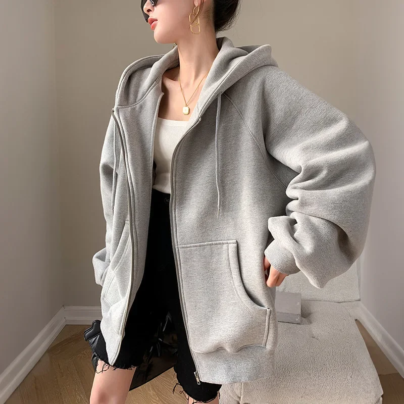 เสื้อฮู้ดผู้หญิง ฤดูหนาว สไตล์เกาหลีใหม่ ทรงหลวม สไตล์สบายๆ ซิปคาร์ดิแกน เสื้อแจ็คเก็ต ผ้ากำมะหยี่ เสื้อสเวตเตอร์ผู้หญิง เสื้อผ้าผู้หญิง