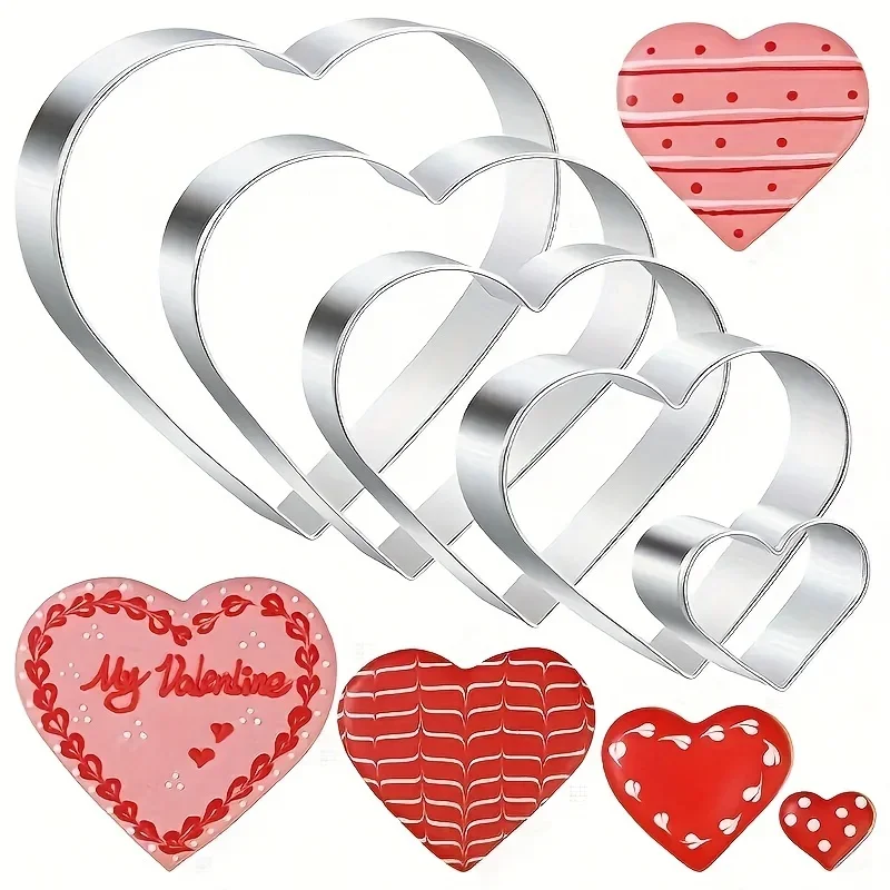 A set of 5 stainless steel heart-shaped cookie cutter molds for Valentine's Day desserts, candies, cakes, mousse and egg shapes