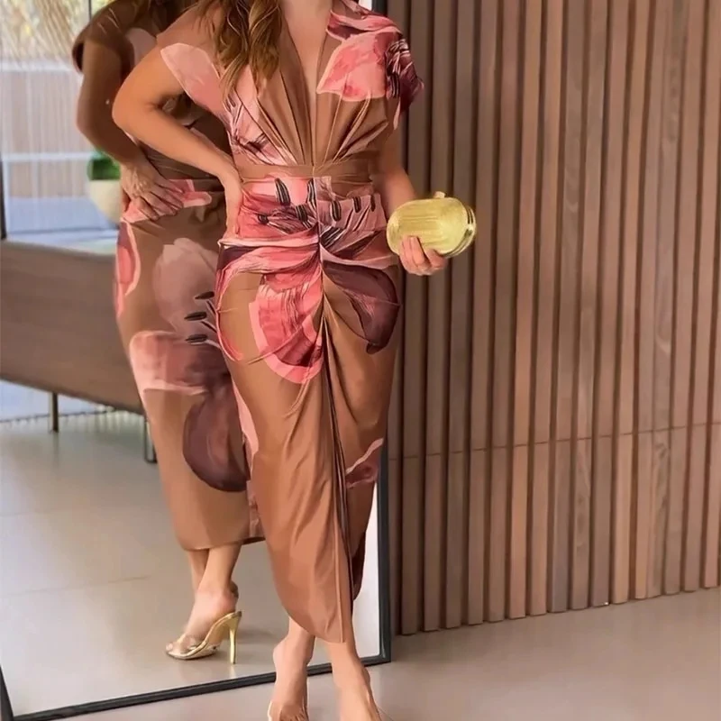 

Elegant Lady Short Sleeve Wrap Hips Slit Dress Fashion Floral Print Slim Banquet Dress New Summer Twist Hollow Out Evening Dress