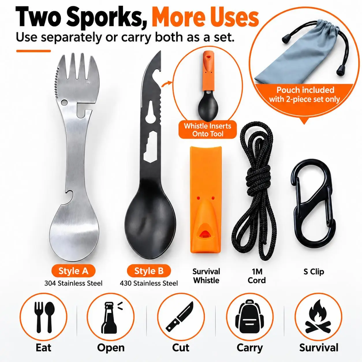 Camping Spork Multifunctional Outdoor Spoon Fork Knife Hex Key Nail Puller Bottle Can Opener Whistle 304 Or 430 Stainless Steel