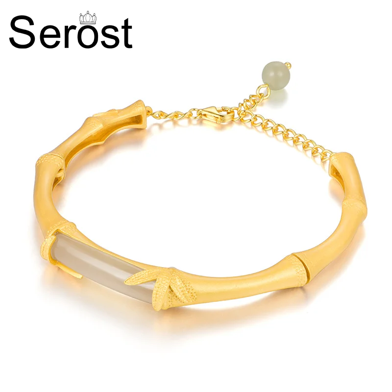 SEROST BY6260 SILVER 925 Nephrite Jade Chinoiserie Bracelet Bamboo Ethnic Girl Wife Gift Chain