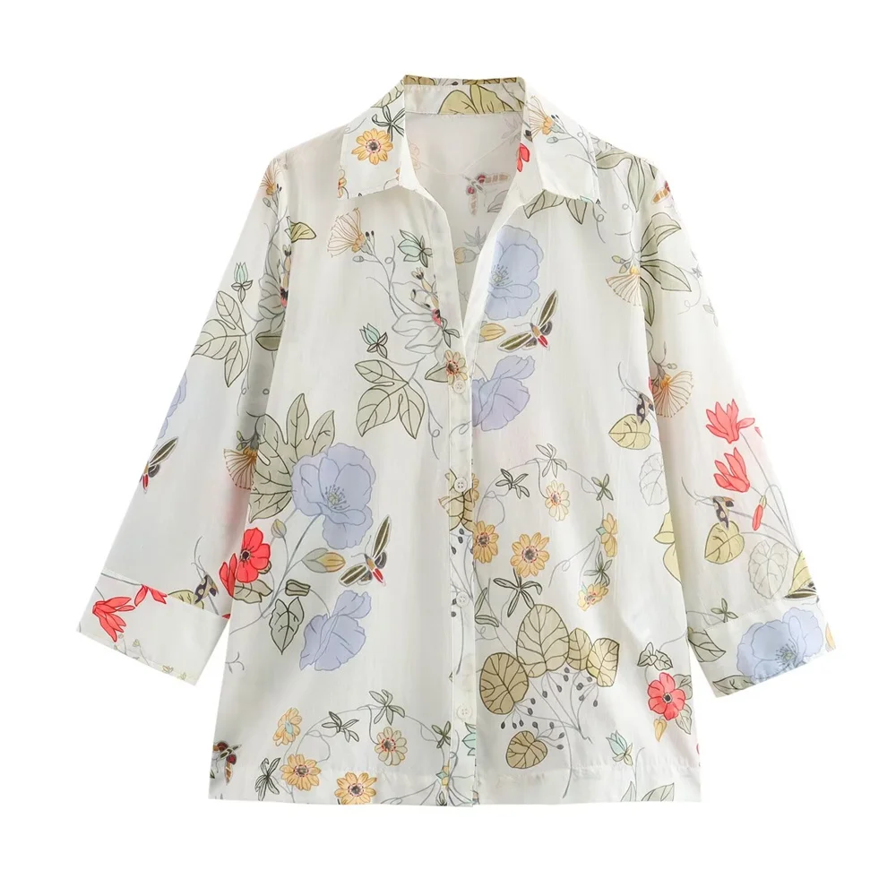 

Summer New Women's Fashion Long sleeved Lapel Casual Top Contrast Flower Print Decorative Shirt