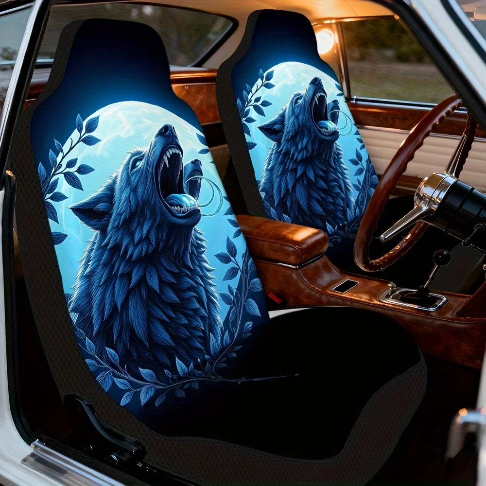 2pcs, Howling Wolf Artistic Silhouette Style Pattern Front Seat Covers, Stylish Auto Accessory Gift For Holidays, Machine Washab