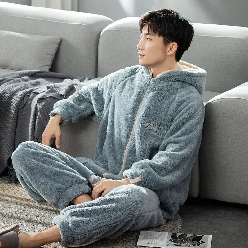 Fall and Winter One-piece Pajamas Plush Pajamas  Long Sleeve Zipper Hooded Jumpsuits Thick Home Warm One-piece Clothes for Male