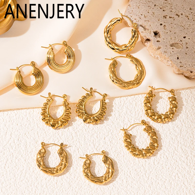 ANENJERY 316L Stainless Steel Circular Striped folds Earrings for Women Fashion Personality Niche Jewelry Gifts Wholesale