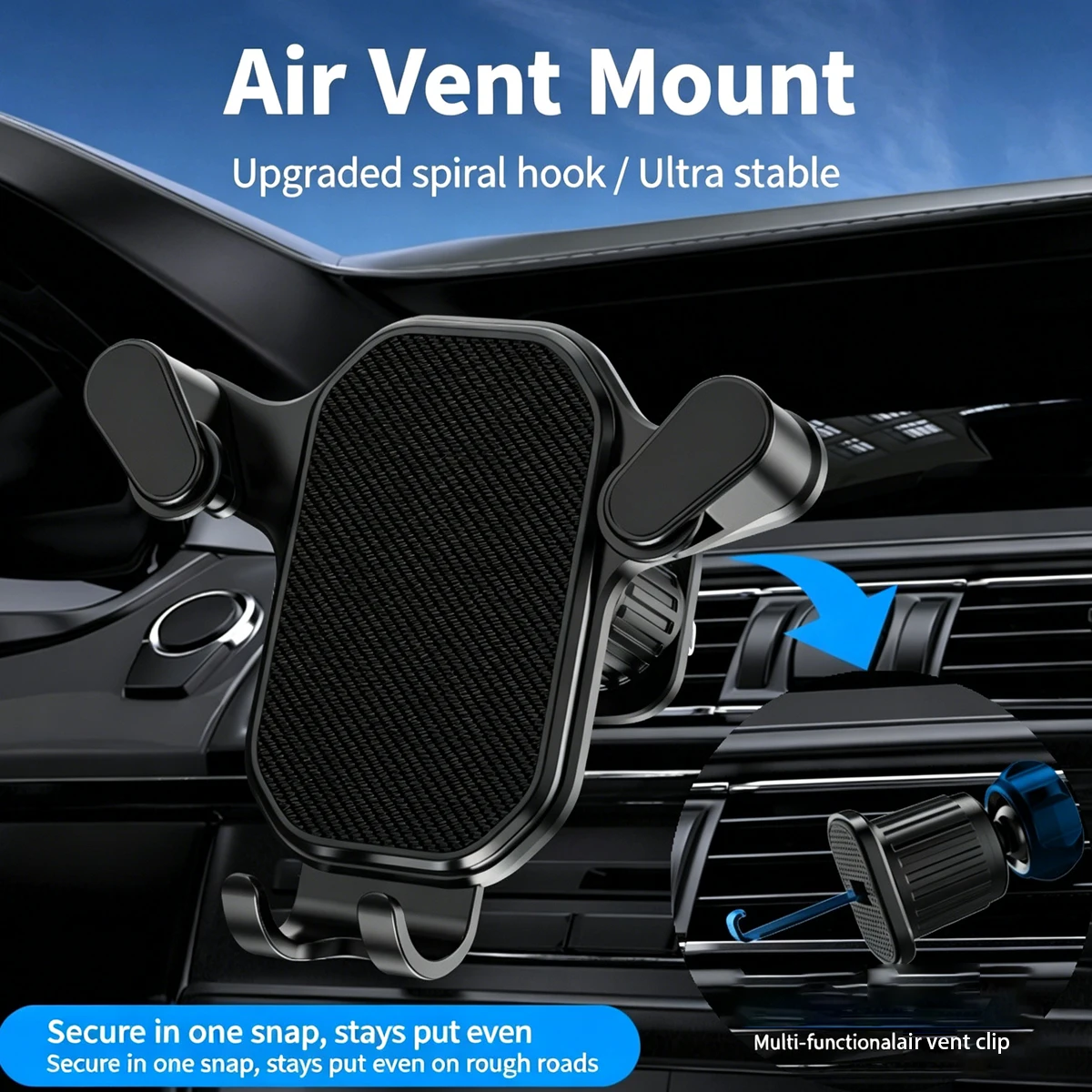 Upgraded Car Phone Holder with Spiral Hook Stable Anti-Slip No Shake Universal Car Vent Clip-On Phone Mount