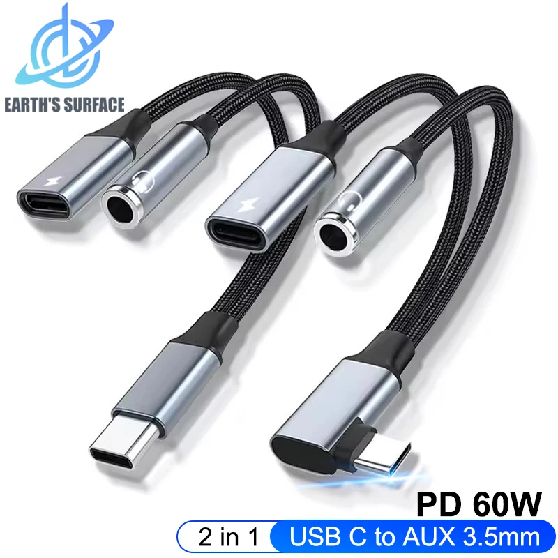 2 in 1 USB C to AUX 3.5mm Audio Cable USB Type C Extension Cord 60W Fast Charging Cable for Xiaomi Redmi Huawei Samsung Earphone