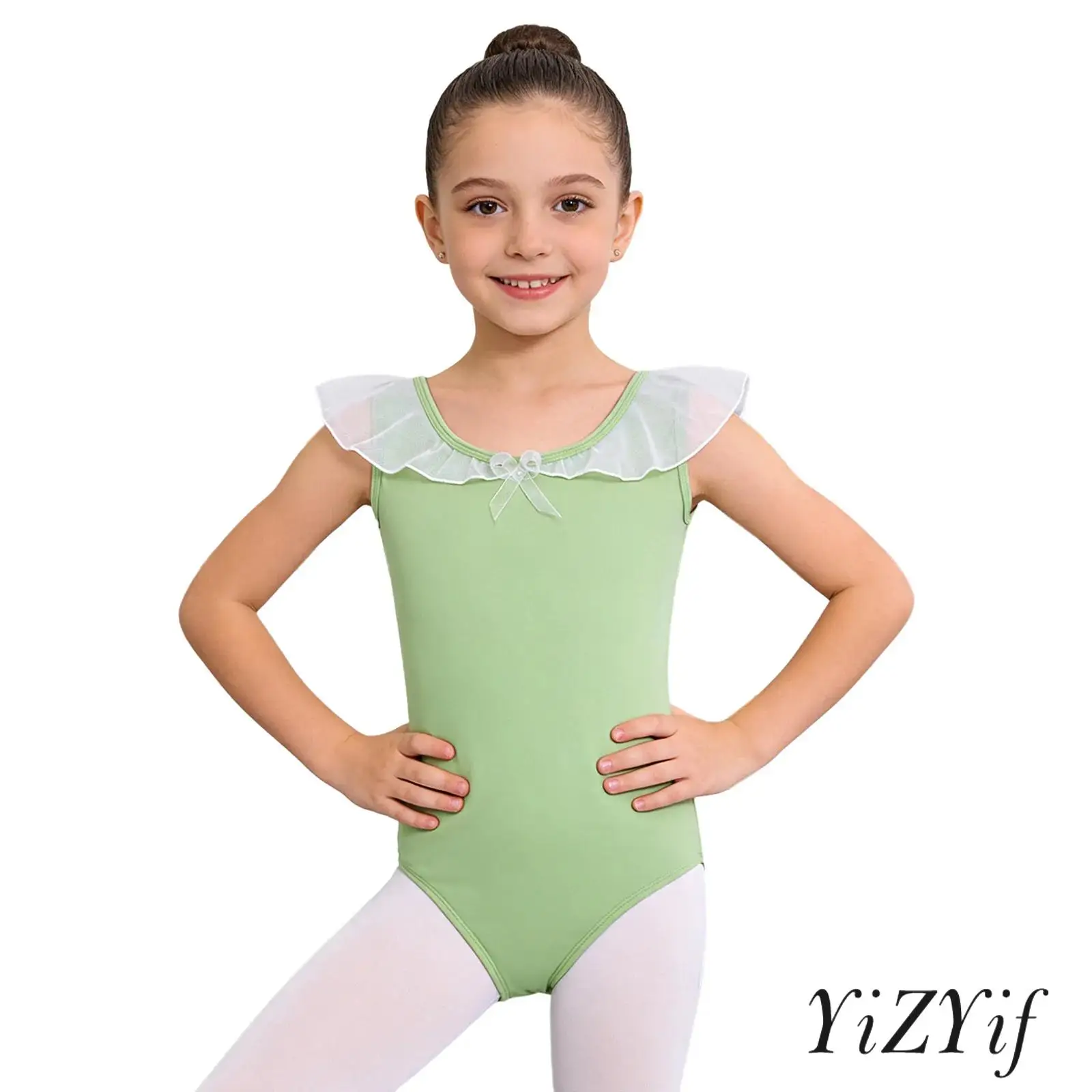 

Kids Girls Ballet Gymnastics Leotard Sleeveless Mesh Ruffles Round Neck Press Button Crotch Bodysuit for Dance Class Practice