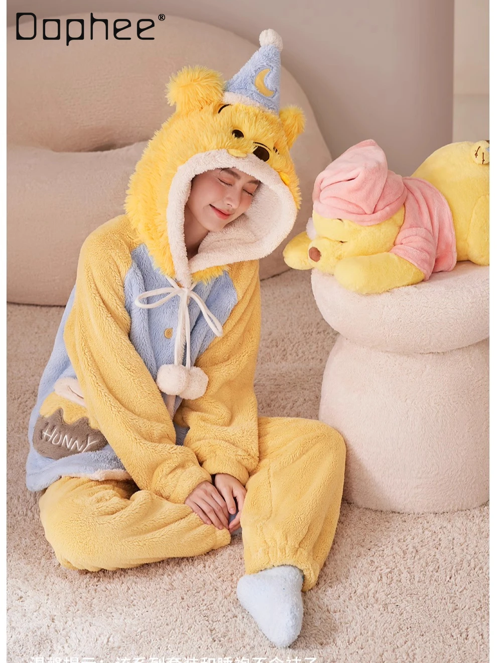 

Super Soft Cartoon Bear Cute Pajamas Women's Autumn and Winter Coral Fleece Loungewear Set Loungewear Women Nightgown