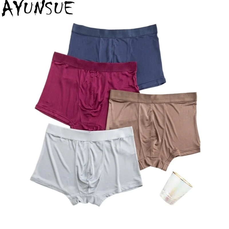 AYUNSUE 100% Natural Mulberry Silk Boxers for Men Soft Comfortable Breathable Underwear Seamless Silk Boxer Briefs Man Panties