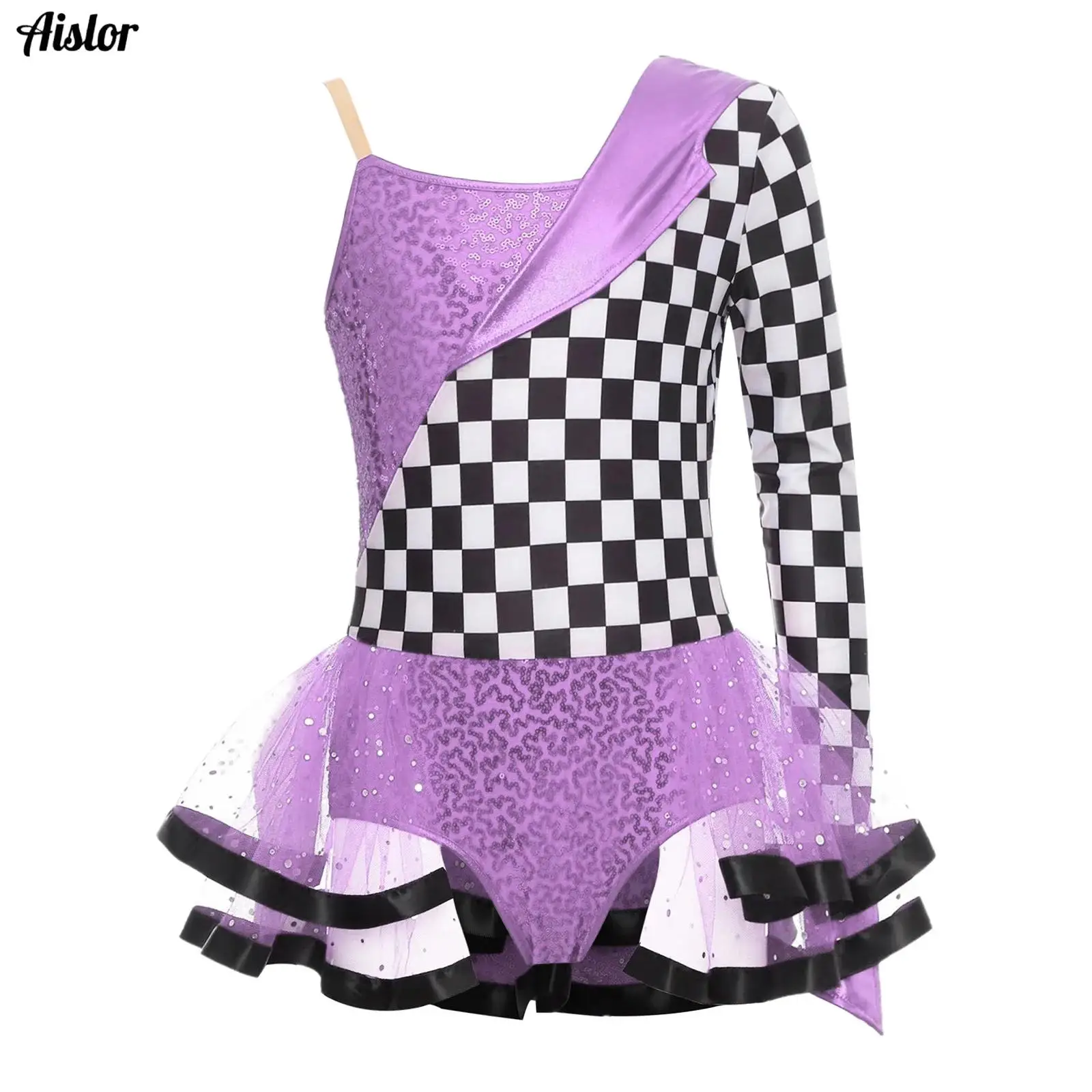 

Girls Sequins Racer Bodysuit One Shoulder Single Sleeve Checkerboard Tutu Dress Halloween Race Car Driver Fancy Dress-up Costume