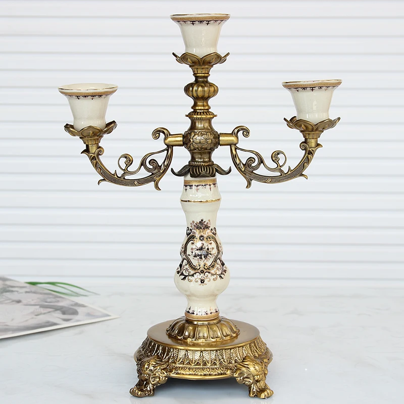 European-style Alloy Ceramic Candle Holder Living Room Entryway Decorations American Three-head Candle Holder