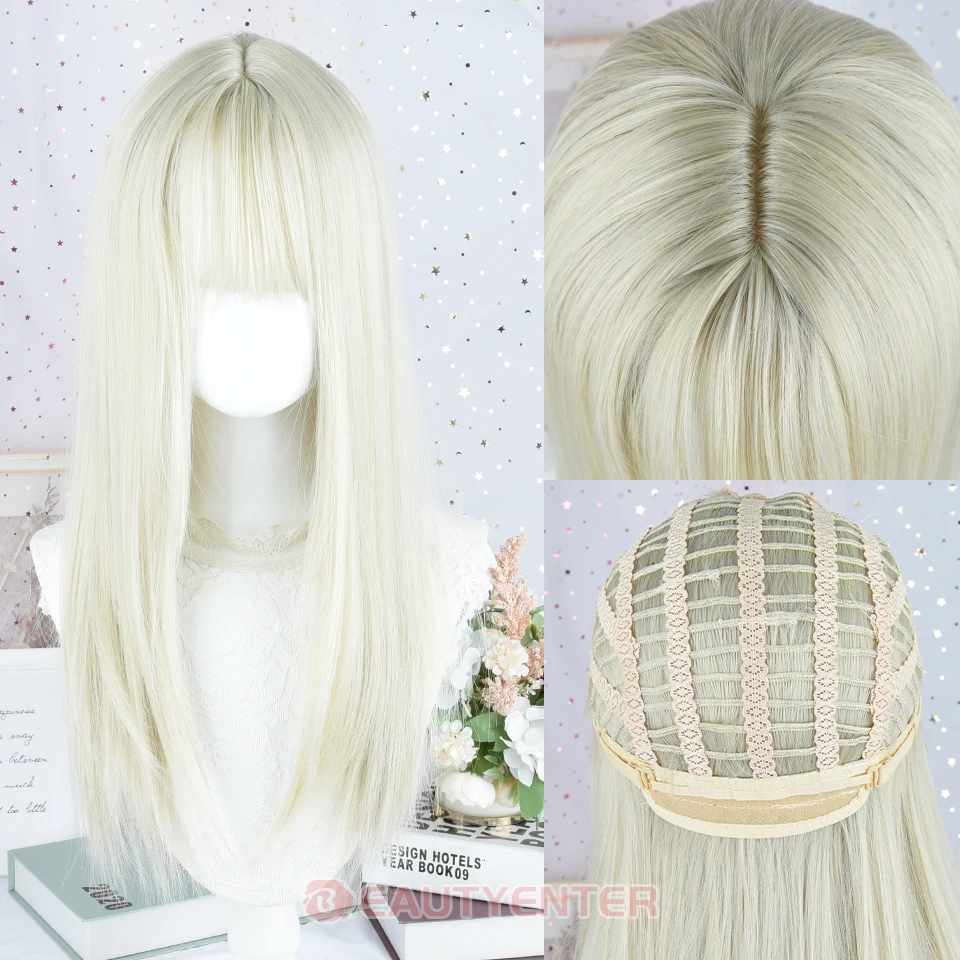 ยาวตรงสีขาว Platinum วิกผมสังเคราะห์กับ Bangs สําหรับผู้หญิงสีขาวสีบลอนด์คอสเพลย์ Lolita วิกผมธรรมชาติผมทนความร้อนใช้