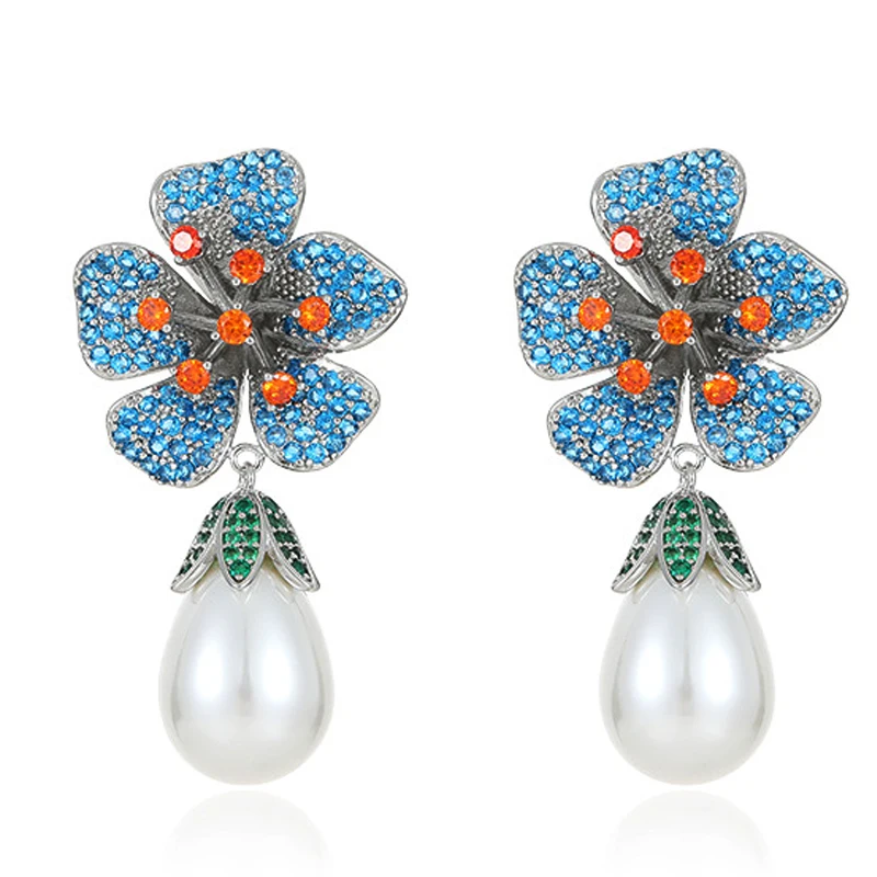 Women Flower Earrings Blue Pink Sweet Zirconia Jewelry for Spring Summer Party Vacation Daily Wear