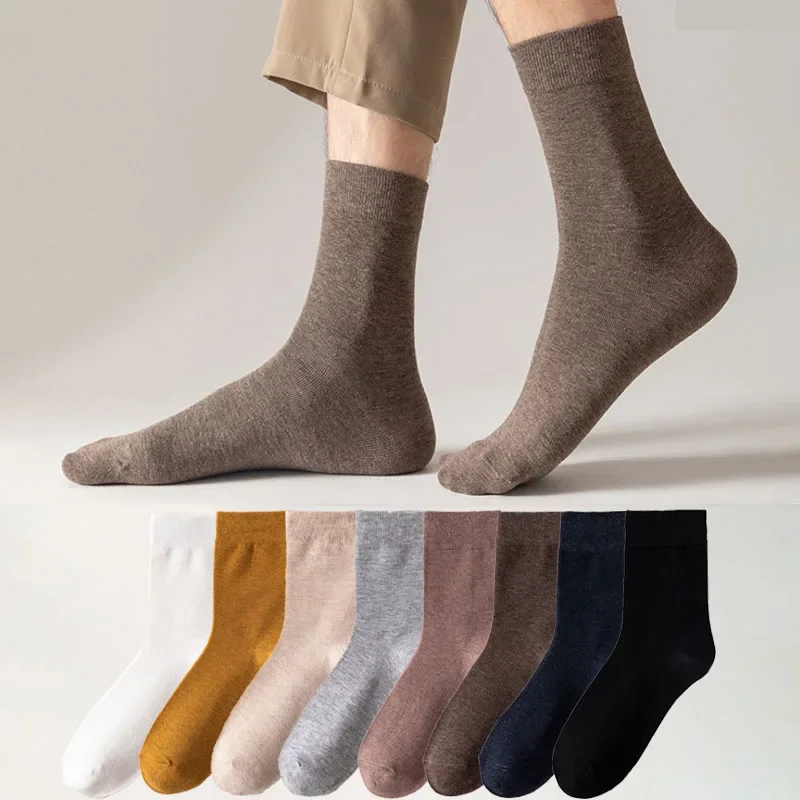 High Quality Men Spring Socks Combed Cotton Business Mid Tube Dress 3Pairs/set Long Sock Thick Casual Solid Color Winter