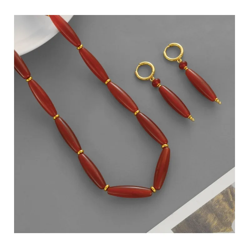 

New Year's Birthday Agate Necklace New Year's Style Simple Chinese Red Agate Beaded Earrings Clavicle Chain