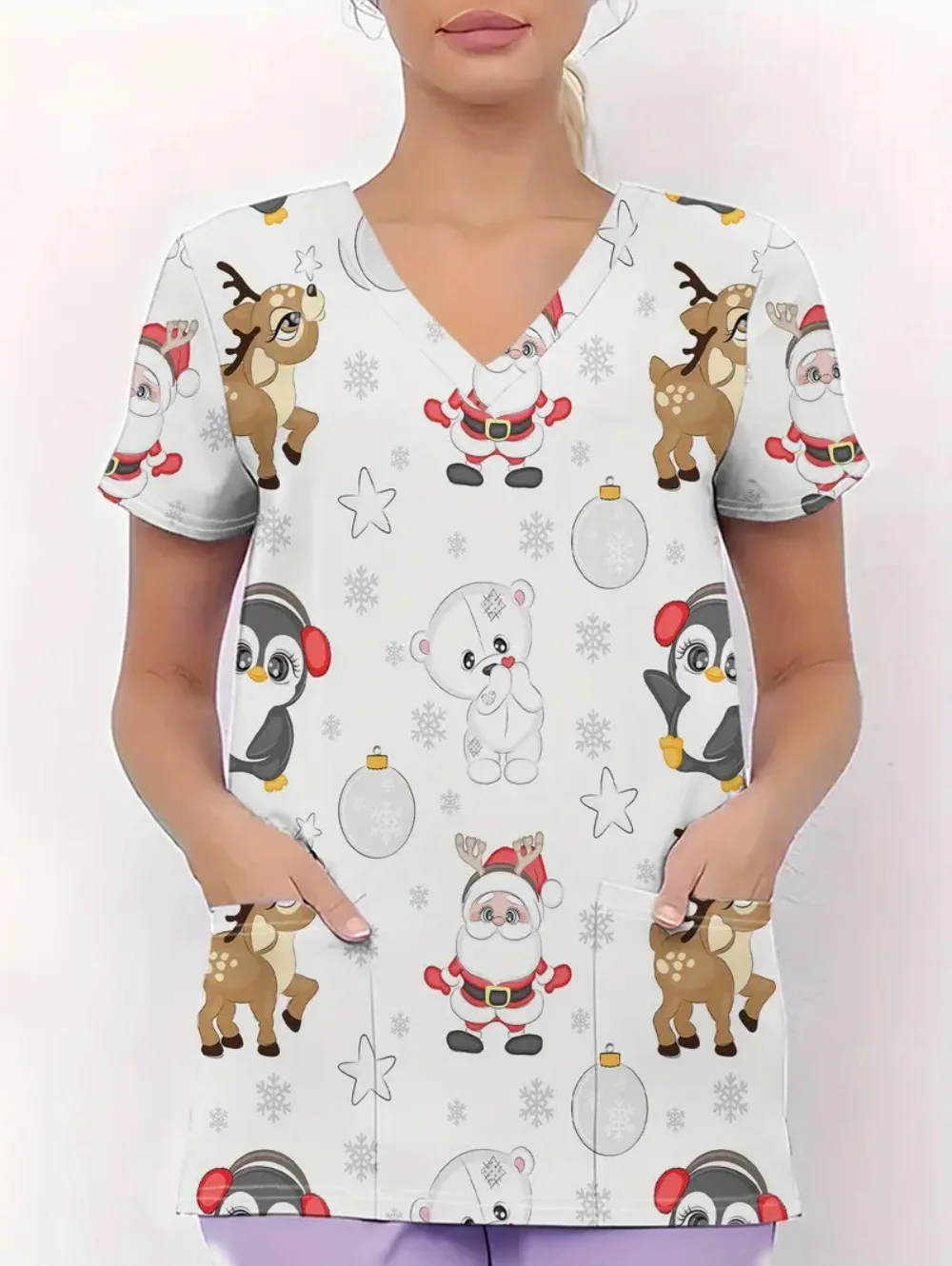 Świąteczne uniformy medyczne damskie, uroczy nadruk z kreskówkami, letni styl, krótki rękaw, z kieszeniami, odzież medyczna dla kobiet.